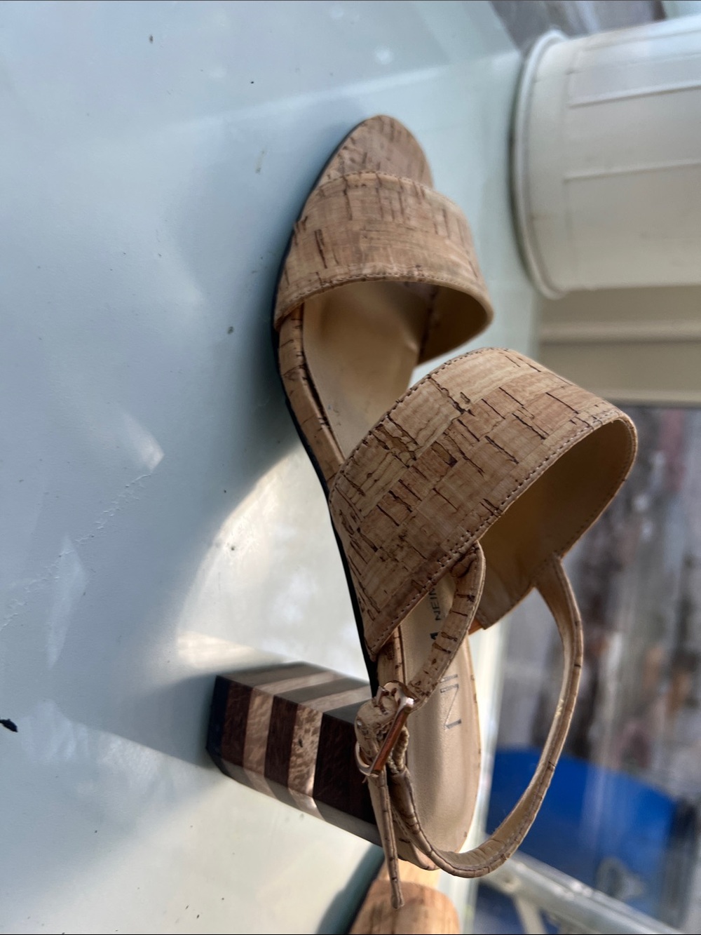 Neiman Marcus Cork-Texture Tan Block Heel Sandals